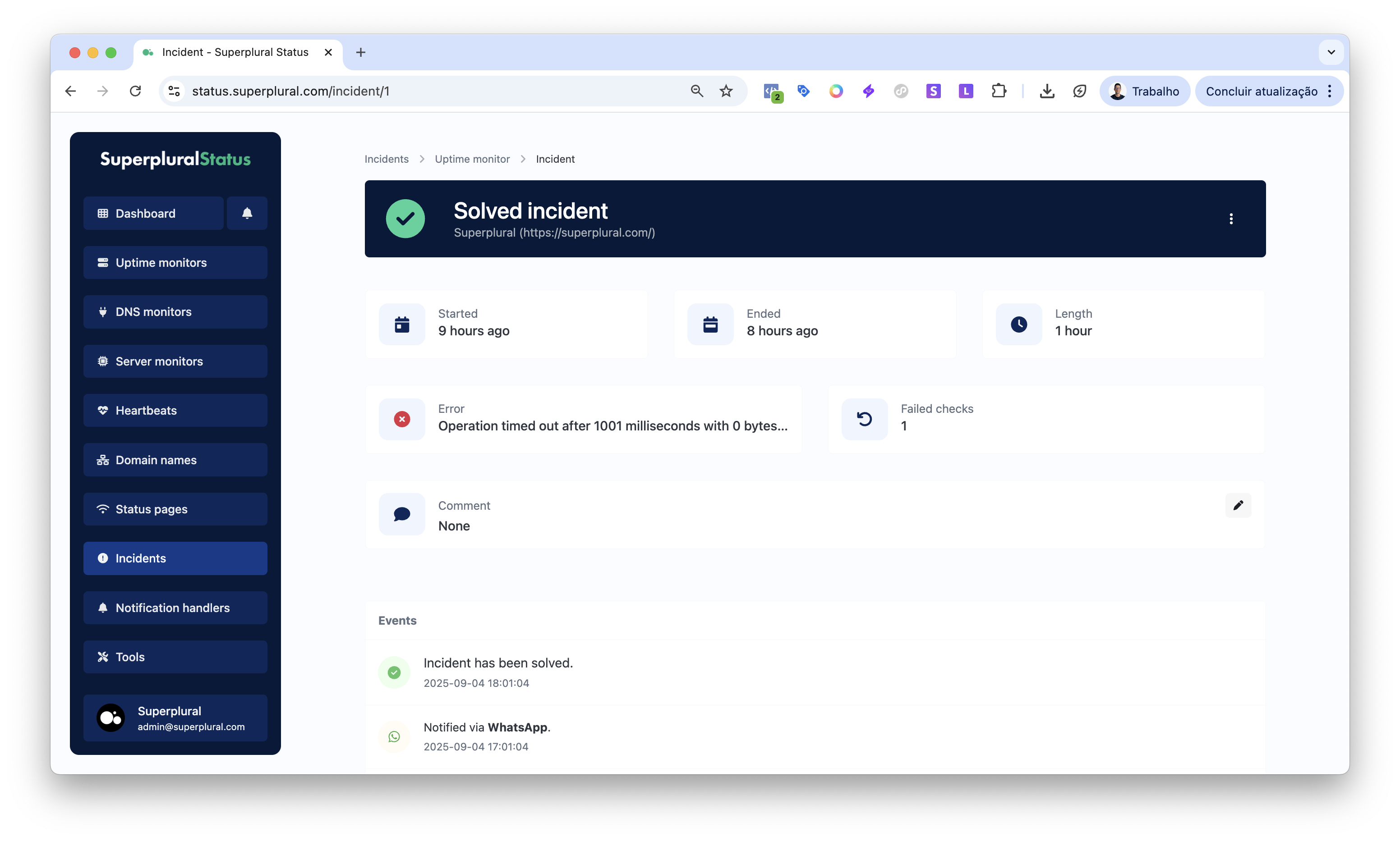 Screenshot of the app monitors incidents page