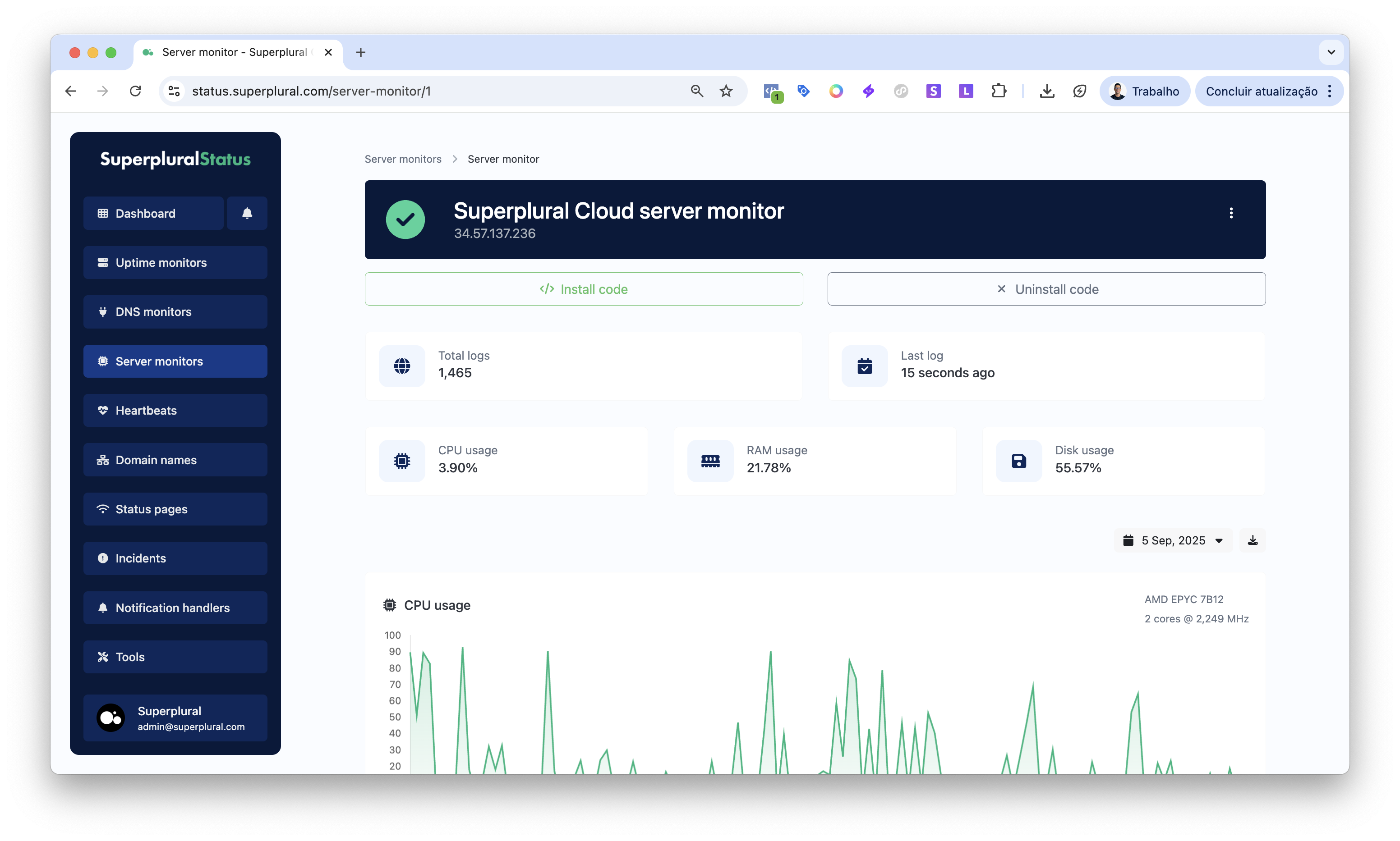 Screenshot of the app server monitor page