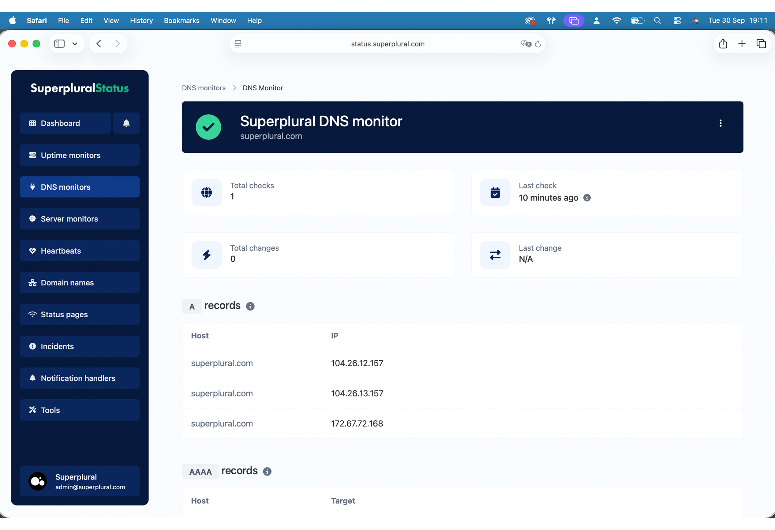 Screenshot of the app DNS monitor page